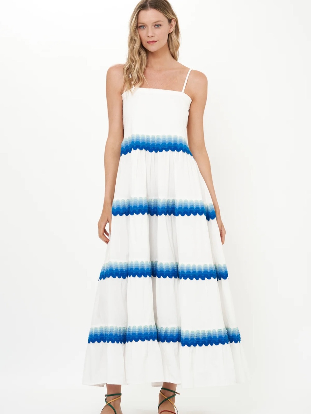 Oliphant White Cotton Maxi Dress with Blue Ric Rac Trim, Size Medium - Picture 8 of 10